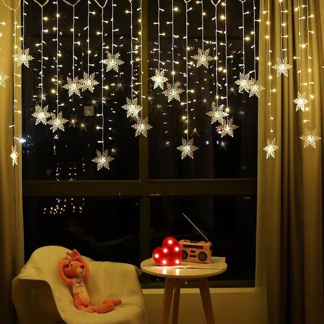 Cortina de luces LED, 4 m, 96 luces LED con forma de copo de nieve, con 8 modos de iluminación, ideal para Navidad, bodas, fiestas, paredes y decoración del hogar (blanco cálido).