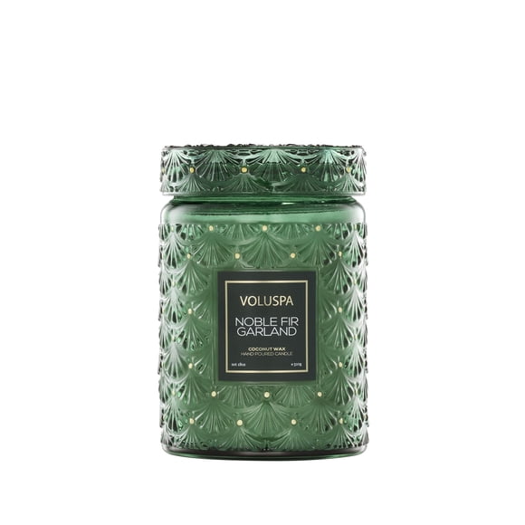 Voluspa Noble Fir Garland, Large Candle Jar, 18oz, Coconut Wax Blend, Christmas Scented Candles for Home, 100 Hour Burn Time, Pou