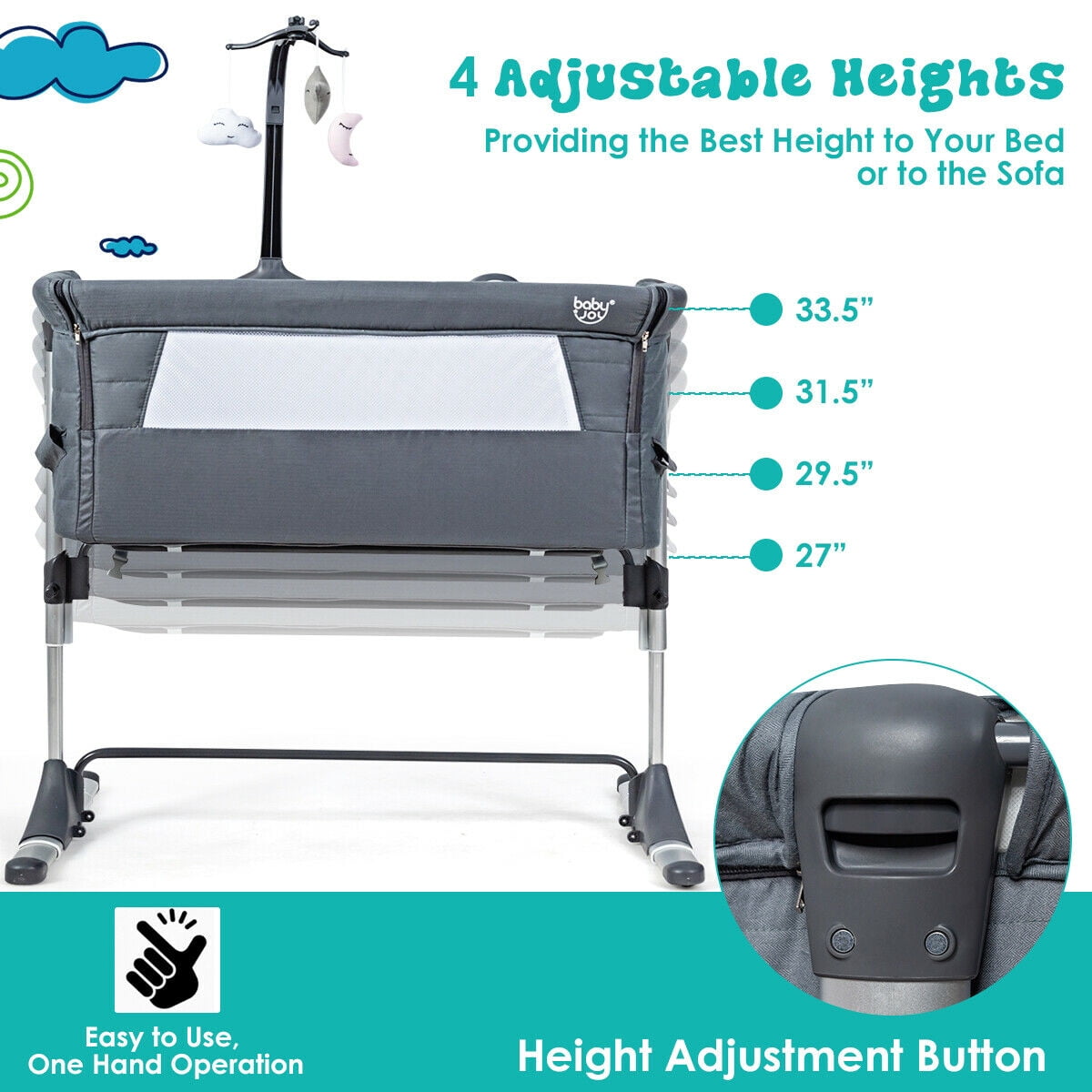 Gymax Height Adjustable Portable Baby Bed Side Crib W/ Music Box & Toys Dark Grey