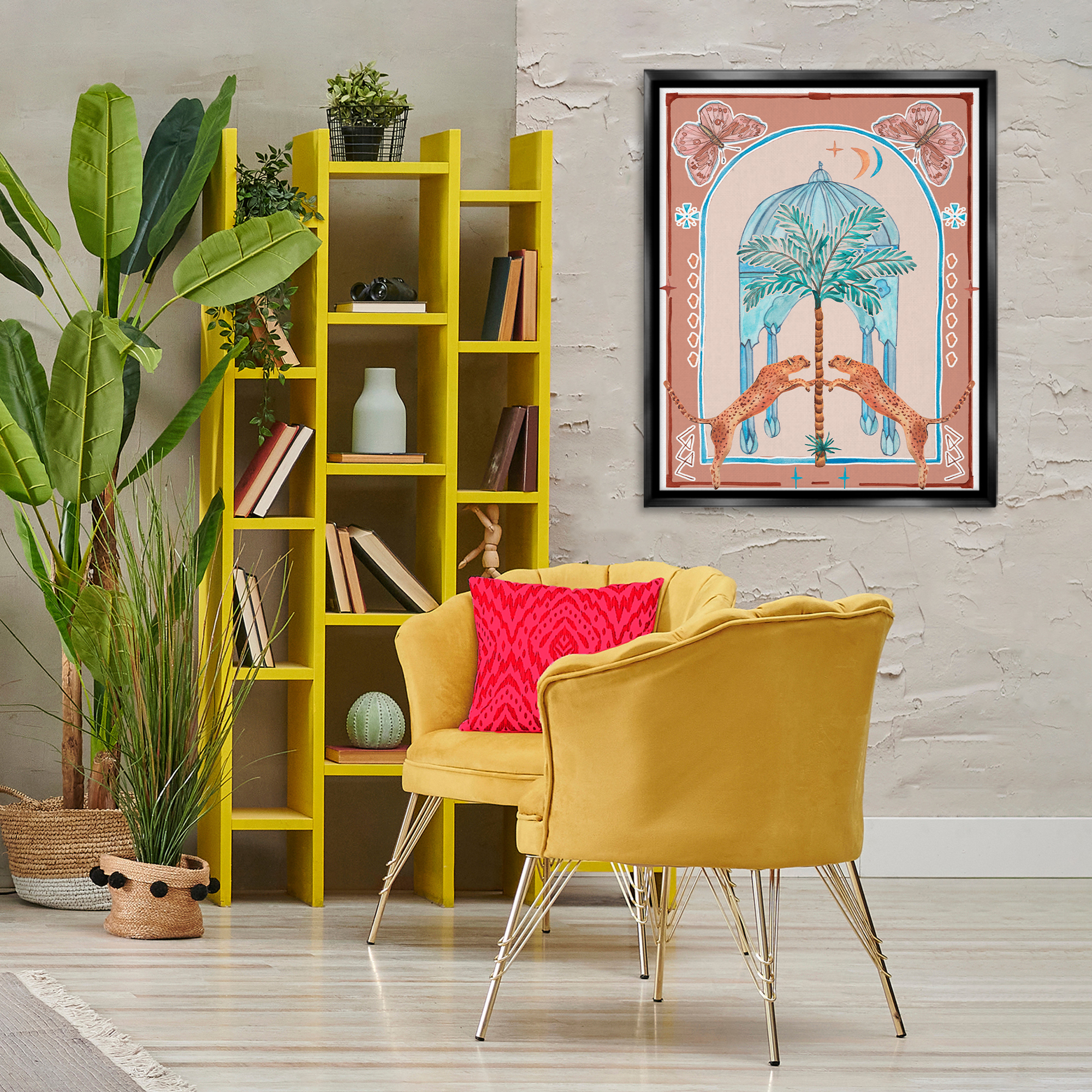 Stupell Industries Traditional Leopards & Palm Tree Animals & Insects Painting Black Floater Framed Canvas Art Print Wall Art, 25 x 31