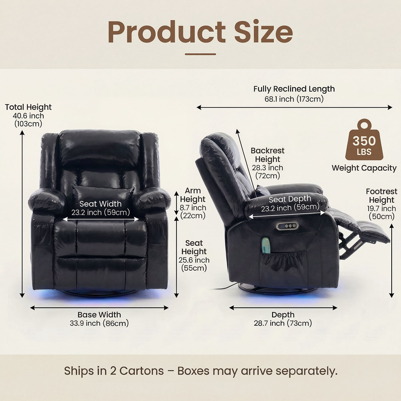 IPKIG Electric Power Recliner with Heat & Massage, 240° Swivel Rocking Chair for Living Room, LED Home Theater Recliner, Faux Leather Black