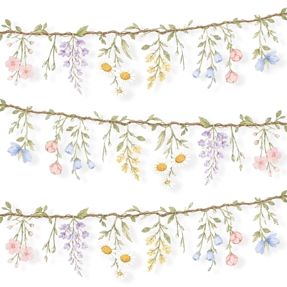 3-Pack Wildflower Garland Banner, Watercolor Floral PVC Decor with DIY Assembly, Woodland Party Backdrop for Birthday Baby Shower.