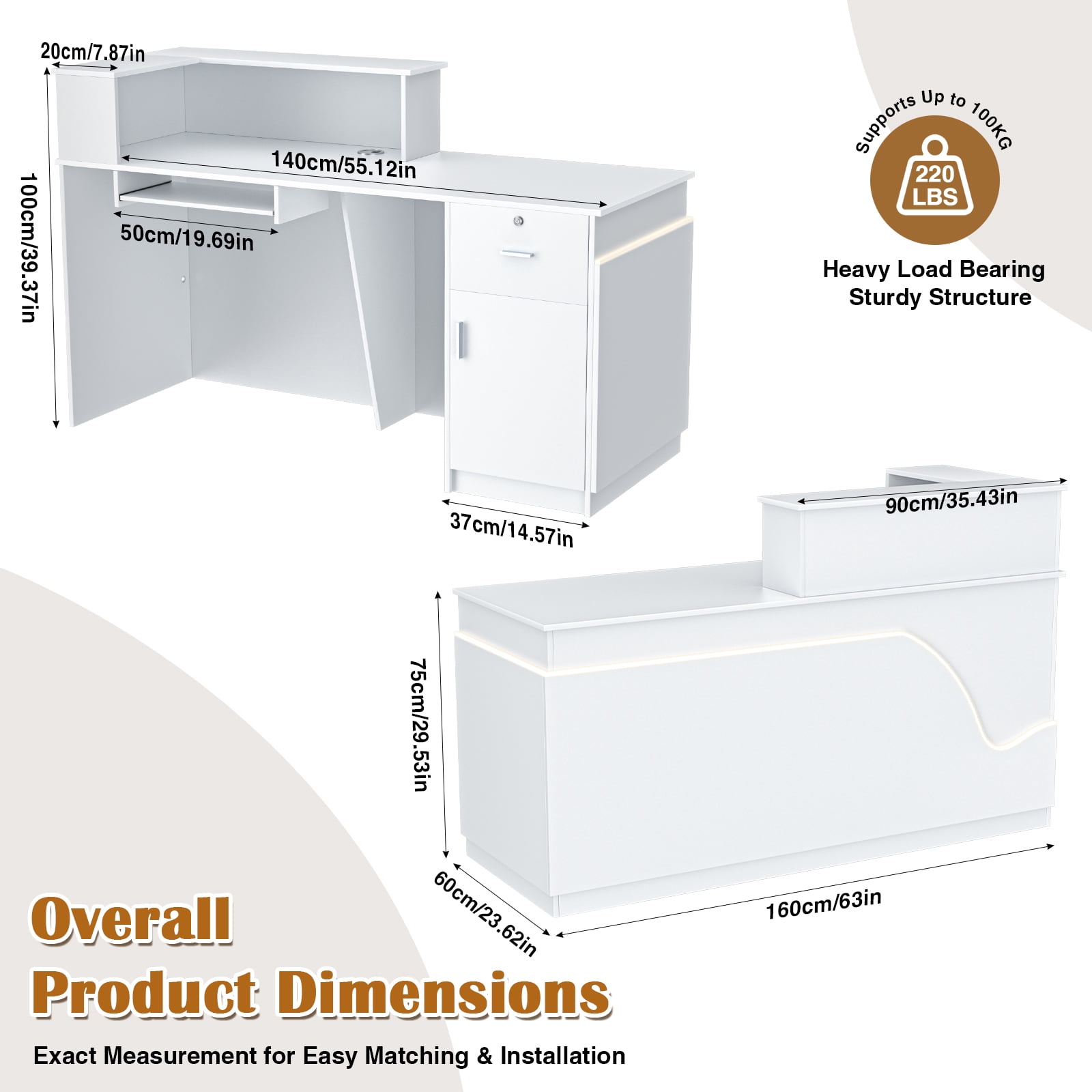 Vakiorn L Shaped Modern Wooden Commercial Reception Desk 63inch with Counter Shelves Drawers Light for Office Home White Left