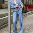 thumbnail image 3 of 2 Pcs/Set Women Shirt Pants Set V Neck Single-breasted Long Sleeves Knitted Loose Top Drawstring Elastic Waist Wide Leg Trousers Sport Tracksuit, 3 of 8