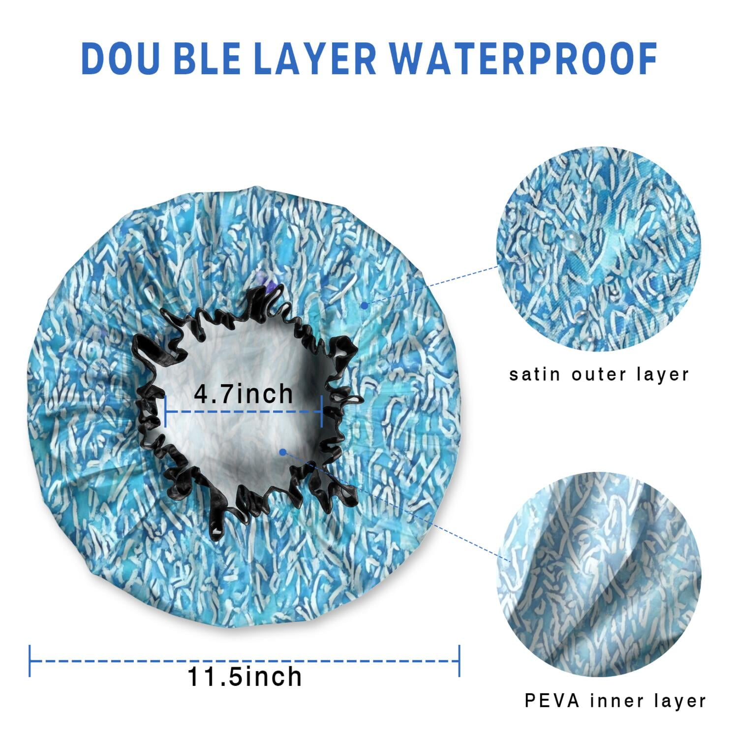 Shower Caps,Blue White Tie Dye Textured Pattern Waterproof Shower Cap for Women 4 Pieces,Double Reusable Hair Cover for Shower PEVA Elastic Stretch Hem