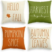 AVOIN colorlife Hello Fall Harvest Pumpkin Spice Thanksgiving Throw Pillow Covers, 18 x 18 Inch Autumn Leaves Seasonal Cushion Case for Sofa Couch Set of 4