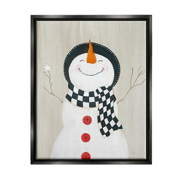 Stupell Industries Happy Smile Winter Snowman Holiday Painting Black Floater Framed Art Print Wall Art