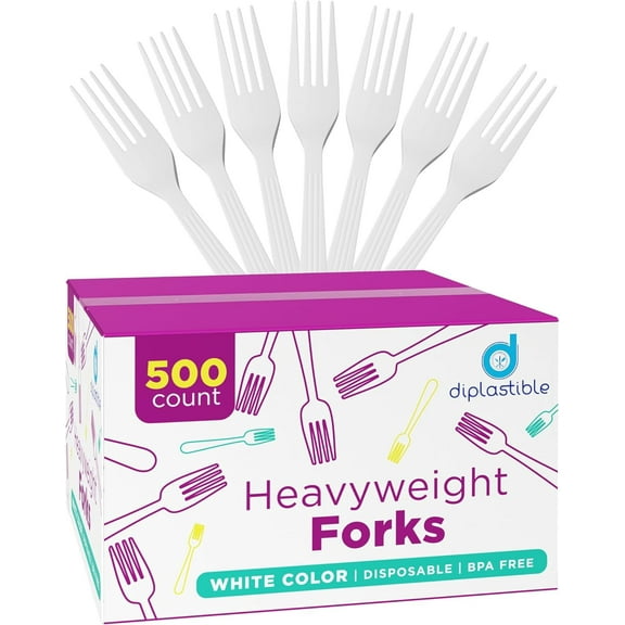 Displastible Disposable White Plastic Forks Heavyweight BPA-Free Cutlery Utensils 500 Pack