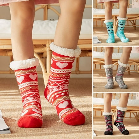 

1 Pair Floor Socks Plush Lining Love Heart/Striped Pattern Thickened Mid-calf Soft Keep Warm Comfortable Winter