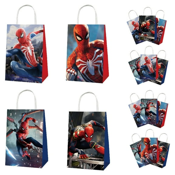 12 PCS Spider-Man Cartoon Anime Party Kraft Paper Goodie Bags – Small Gift Bags for Spider-Man Themed Birthday Supplies & Decor