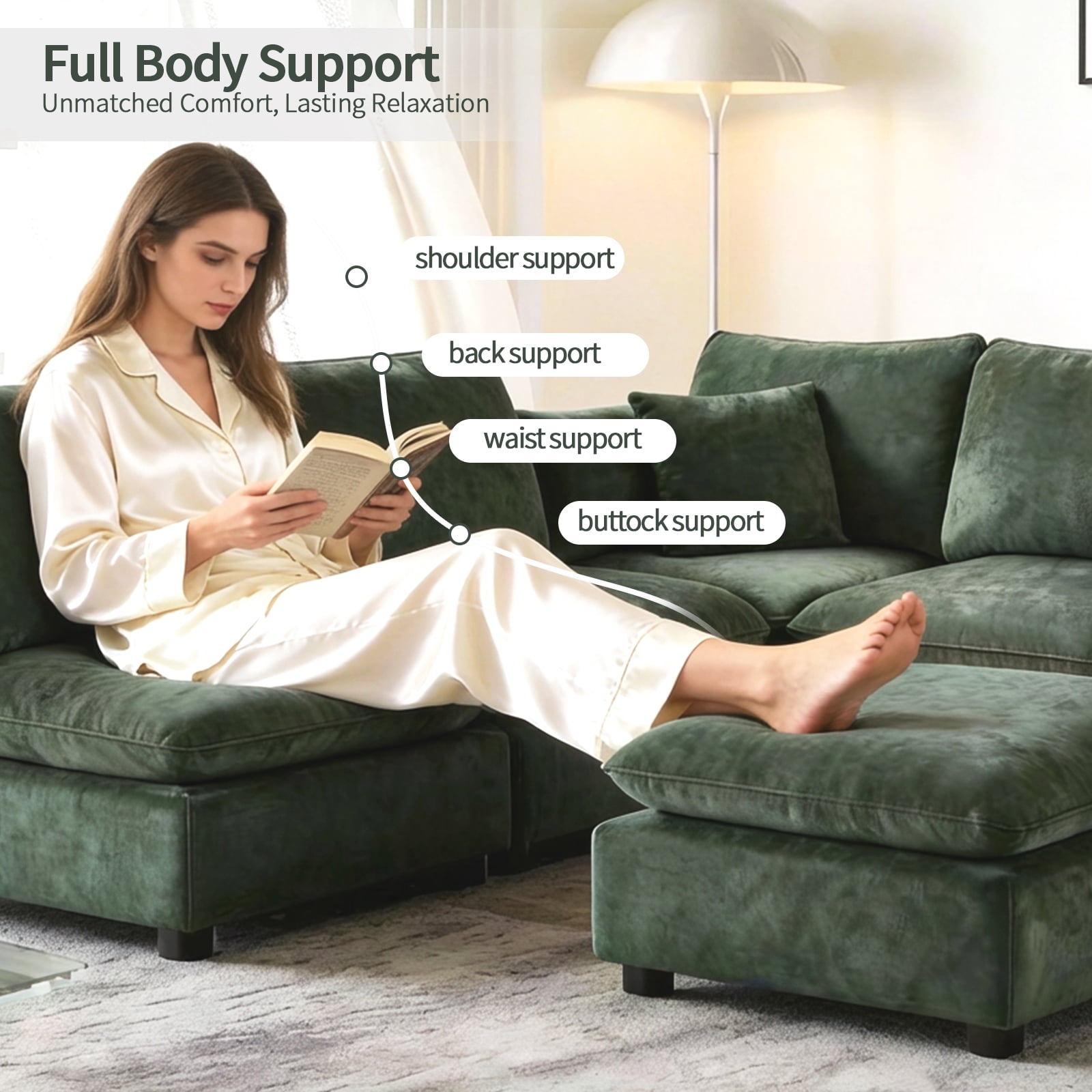EPOWP 93.7'' Modular Sectional Sofa, U Shaped Cloud Couch with Movable Ottoman, Chenille 6 Seater Sofa Storage Armrests and USB Ports for Living Room (Green)