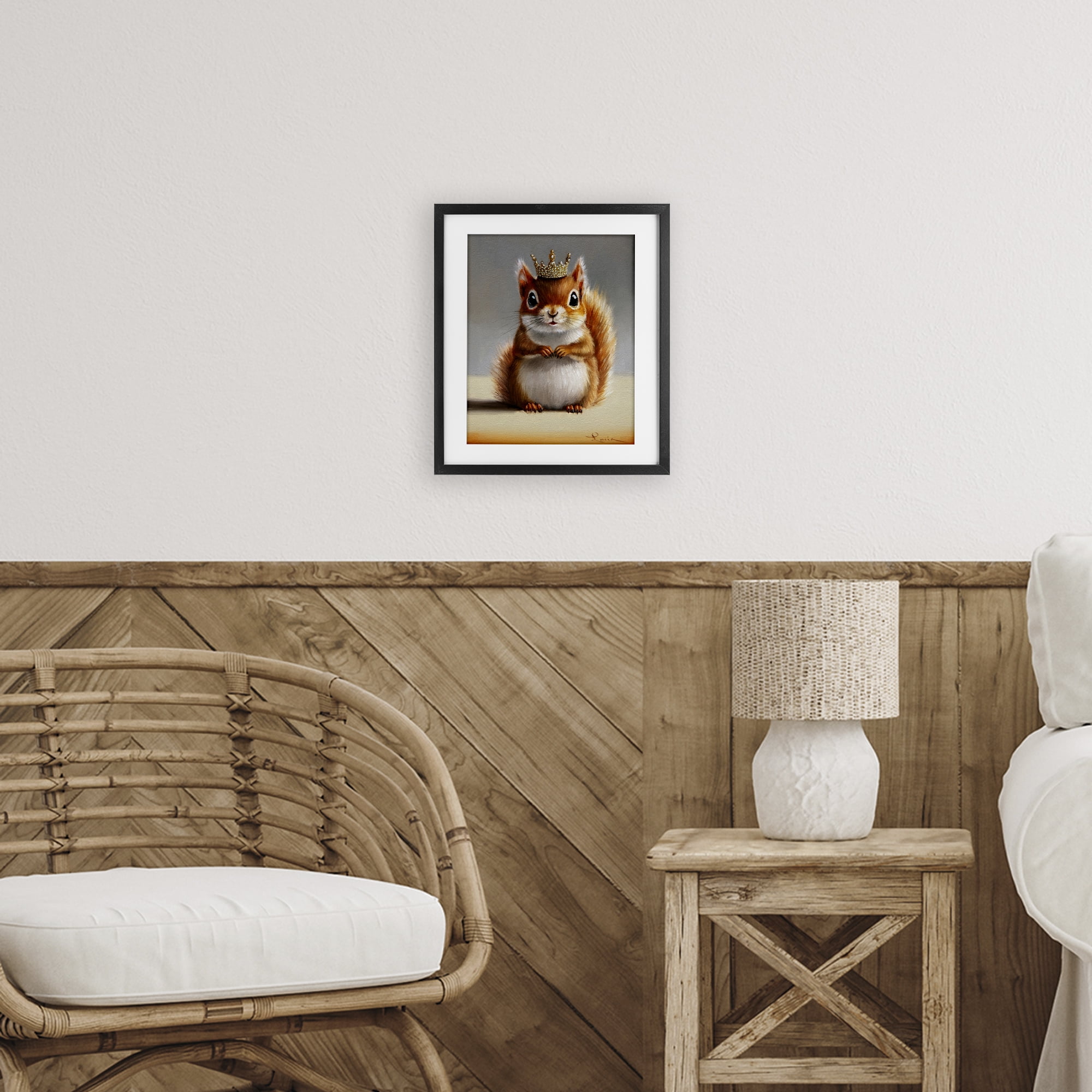 Fancy Crowned Squirrel Black Framed Print Under Glass, design by Lucia Heffernan
