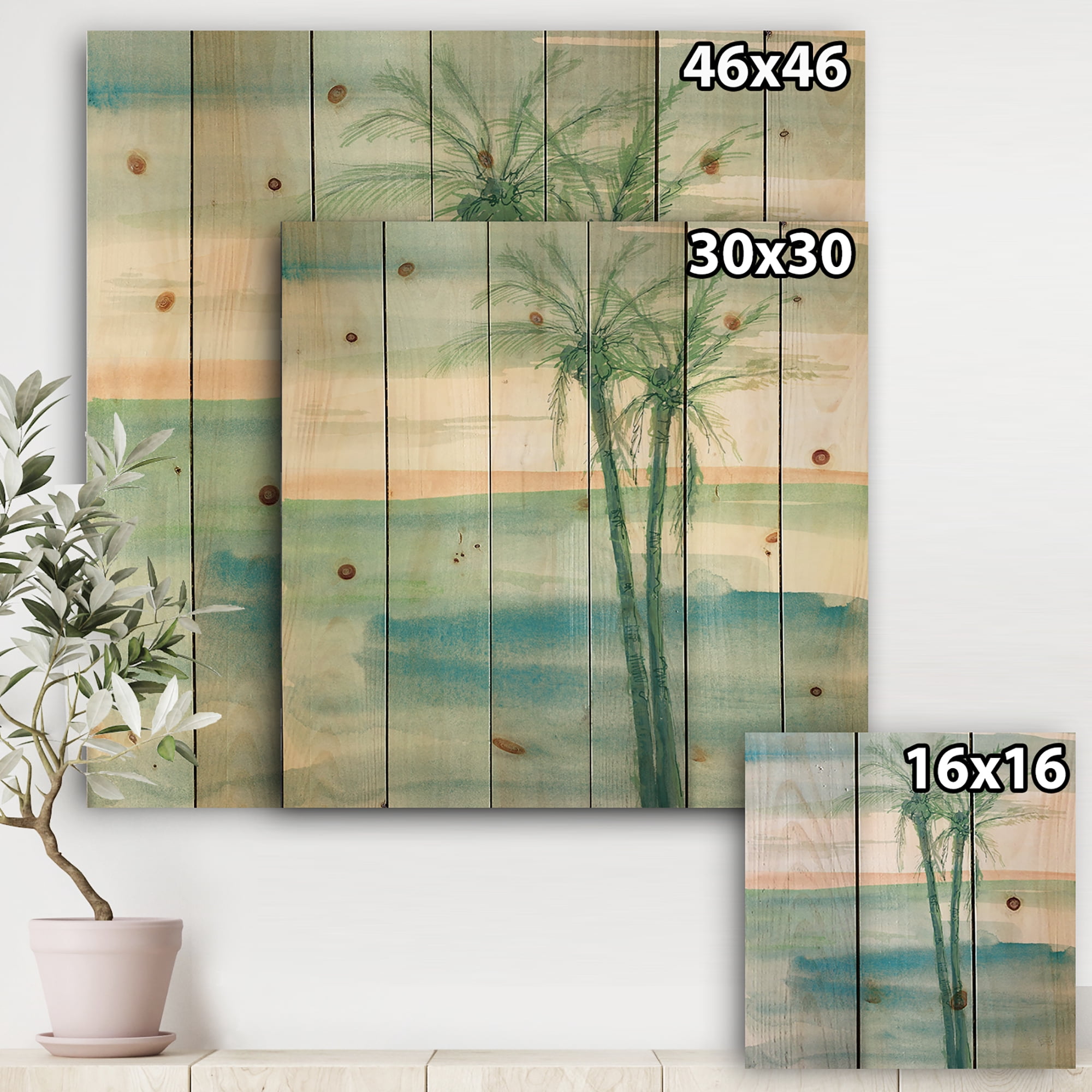 Designart 'Peaceful Dusk II Tropical' Tropical Print on Natural Pine Wood
