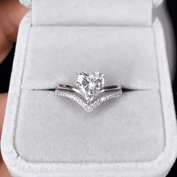 Delicate Silver Color White Zircon Stones Heart Rings for Women Fashion Bridal Engagement Wedding Ring Set Jewelry Gift