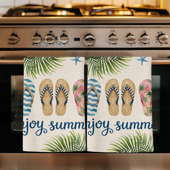 Summer Slippers Kitchen Towels Set of 4, Tropical Botanical Palm Leaves Rustic Absorbent Dish Towels for Kitchen, Microfiber Hand Towel, Quick Drying Tea Towel for Cleaning Decorative Dishcloths