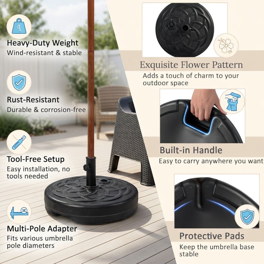 Resenkos Outdoor Umbrella Base, 22 Inch Fillable Heavy-Duty Round Patio Umbrella Base Stand, Black