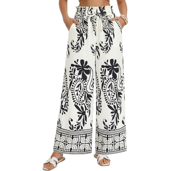 BAKREP Palazzo Pants for Women Wide Leg Flowy Boho Beach Trousers Elastic High Waist Summer Vacation Outfits Lightweight Casual Trousers with Pockets