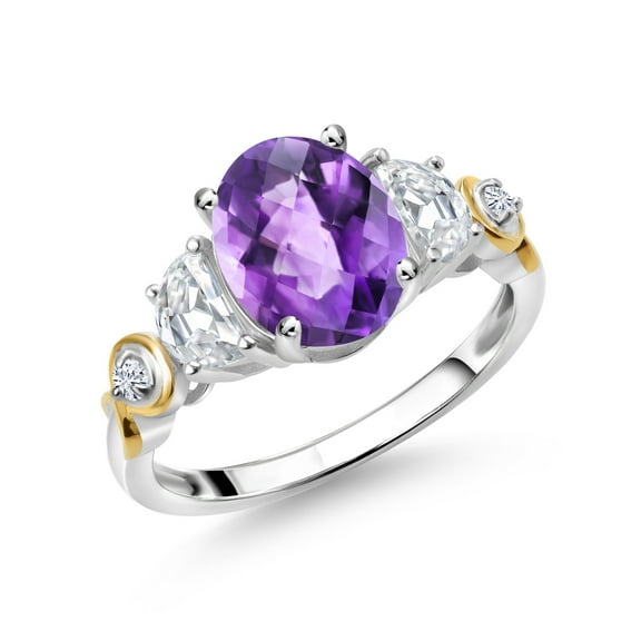 Gem Stone King 925 Silver and 10K Yellow Gold 3-Stone Ring Oval Checkerboard Purple Amethyst and Moissanite (2.00 Cttw, Size 9)