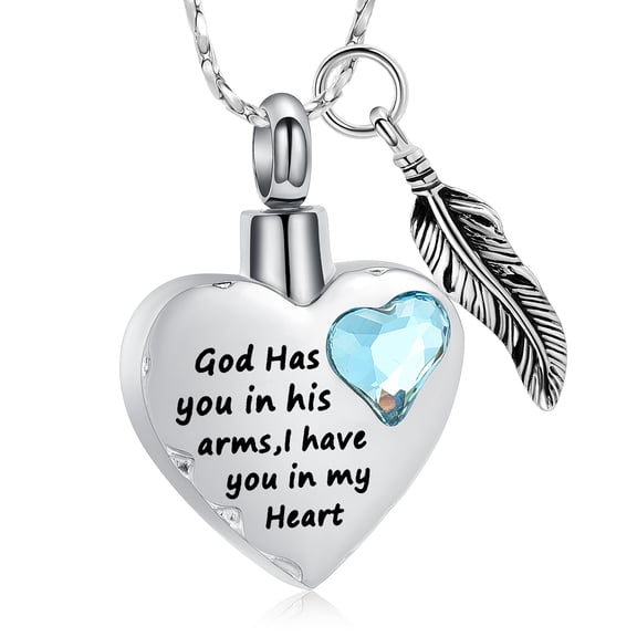 God Has You In His Arms, I Have You In My Heart - Heart Urn Necklace for Ashes with Birthstone Cremation Necklace for Human / Pet Ashes Necklace