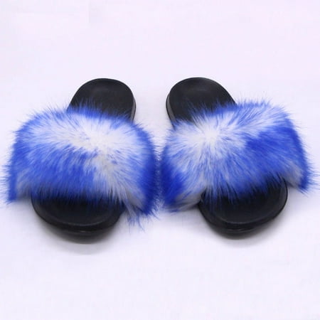 

XWQYRG Women Fuzzy Slippers Color Block Fluffy Slides Furry Slipper Breathable Shoe Outdoor Lightweight Faux Home Shoes Royal