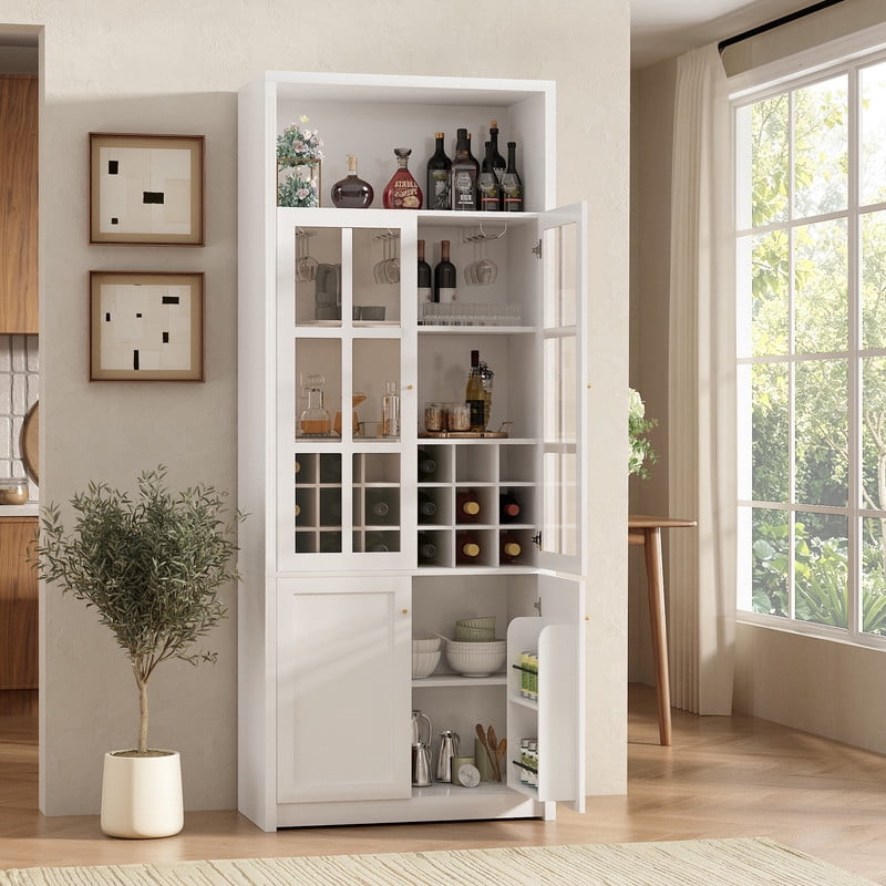 Tall Wine Storage Cabinet with Glass Doors, Freestanding Home Bar Pantry Cabinet with Goblet Rack & 18-Bottle Grid