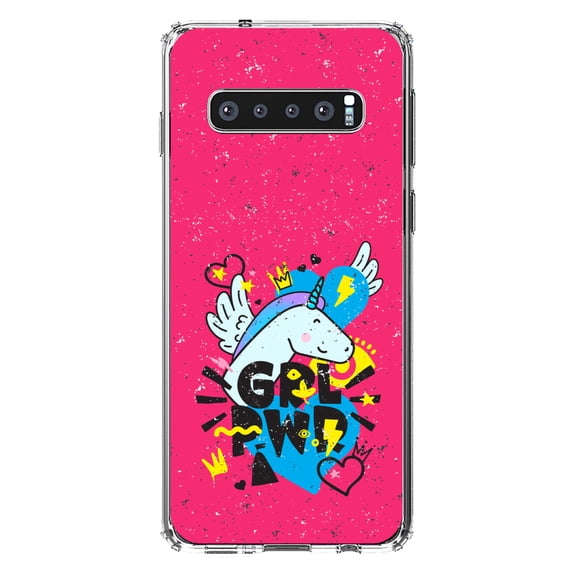 DistinctInk Clear Shockproof Hybrid Case for Samsung Galaxy S10 (6.1" Screen) - TPU Bumper, Acrylic Back, Tempered Glass Screen Protector - Girl Power - GRL PWR - Unicorn Hearts Graffiti