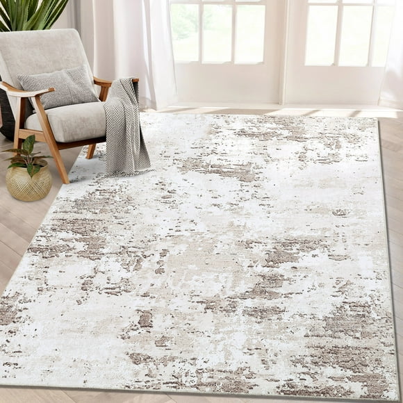 GlowSol 8'x10' Washable Modern Abstract Area Rug Soft Non Slip Low Pile Accent Rugs for Living Room Bedroom, Taupe/Beige
