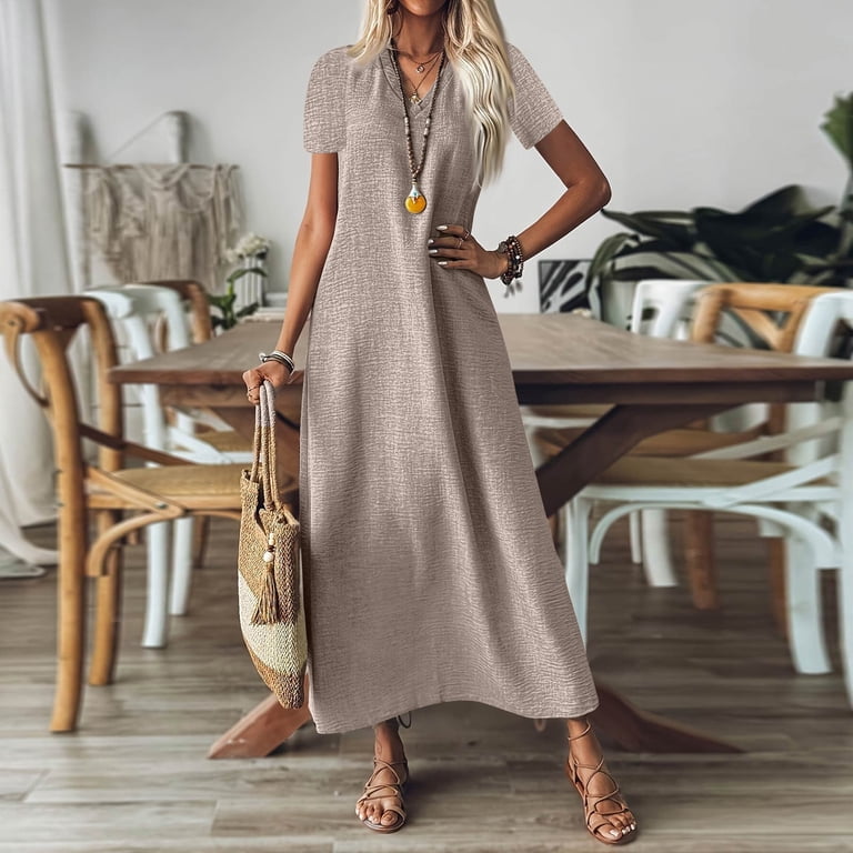 lightweight cotton summer dresses Womens Midi Linen Dress Square Neck Cap Sleeve Pleated Dresses Vacation Casual Dress Black at Amazon Women's Clothing store It is made of materials cotton summer dresses with short
