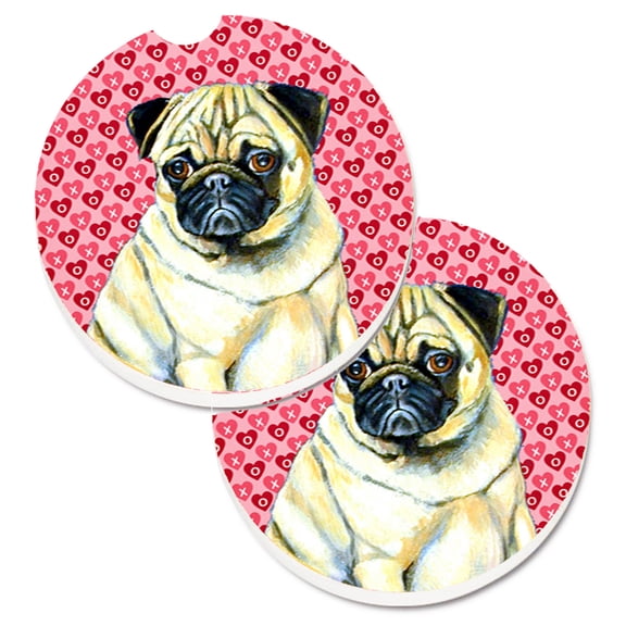 Pug Hearts Love and Valentines Day Portrait Set of 2 Cup Holder Car Coasters