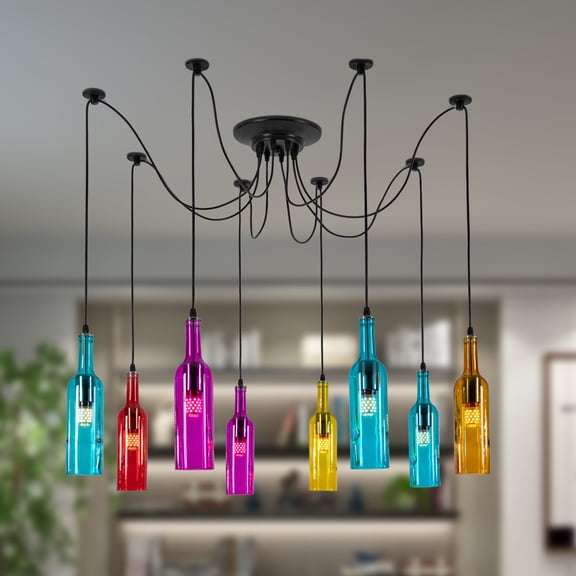 8-Light Colorful Chandelier, Modern Creative Beer Bottle Glass Pendant Light, DIY Retro Style Pendant With Glass Shade, Kitchen Island Light for Living room, Bedroom
