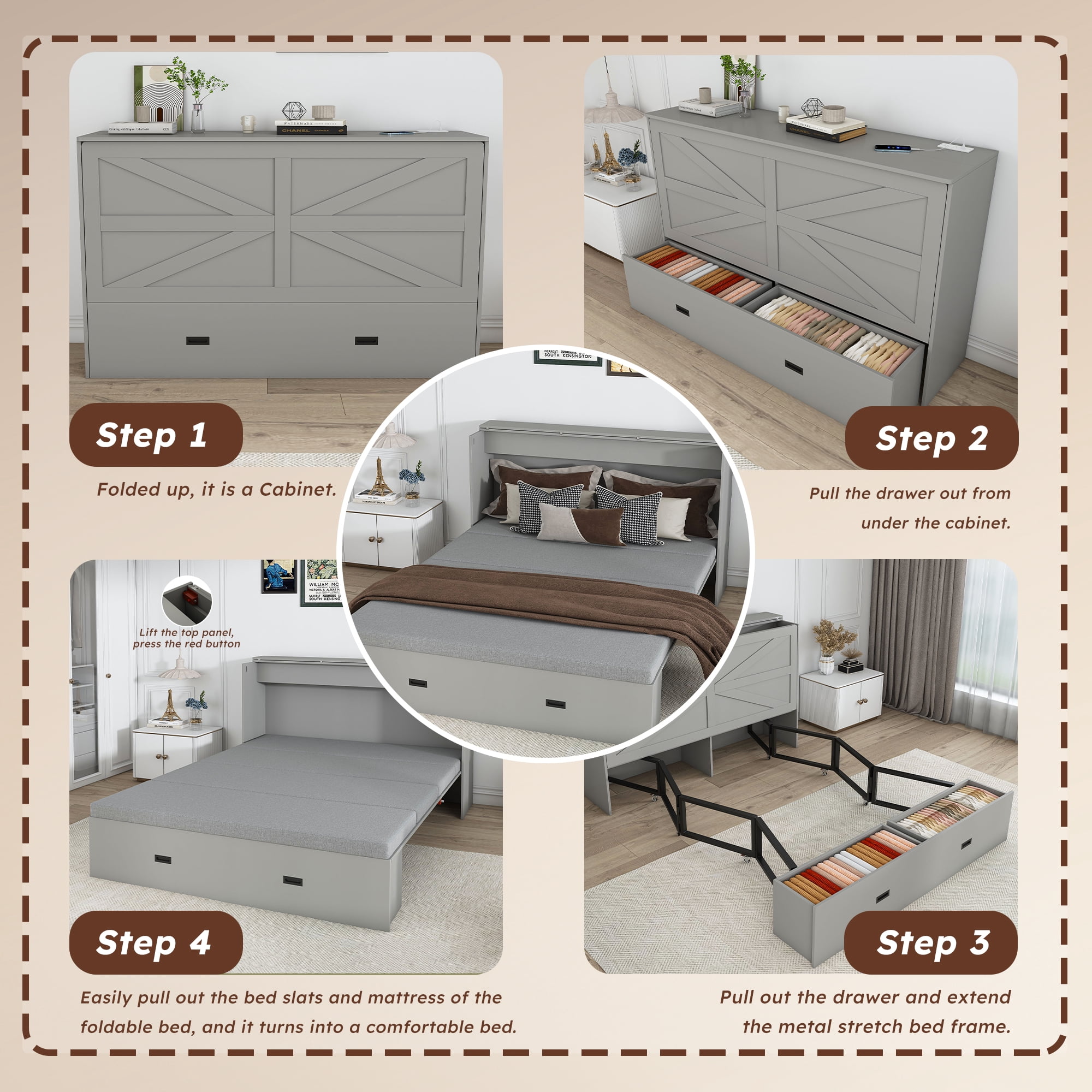 Mintazer Full Murphy Bed with 2.8" Mattress & Charging Station, Foldable Cabinet Bed with Storage Drawers for Bedroom Guest Room&nbsp;Living Room, Gray