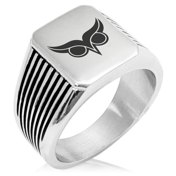 Stainless Steel Athena Greek Goddess of Wisdom Needle Stripe Pattern Biker Style Polished Ring