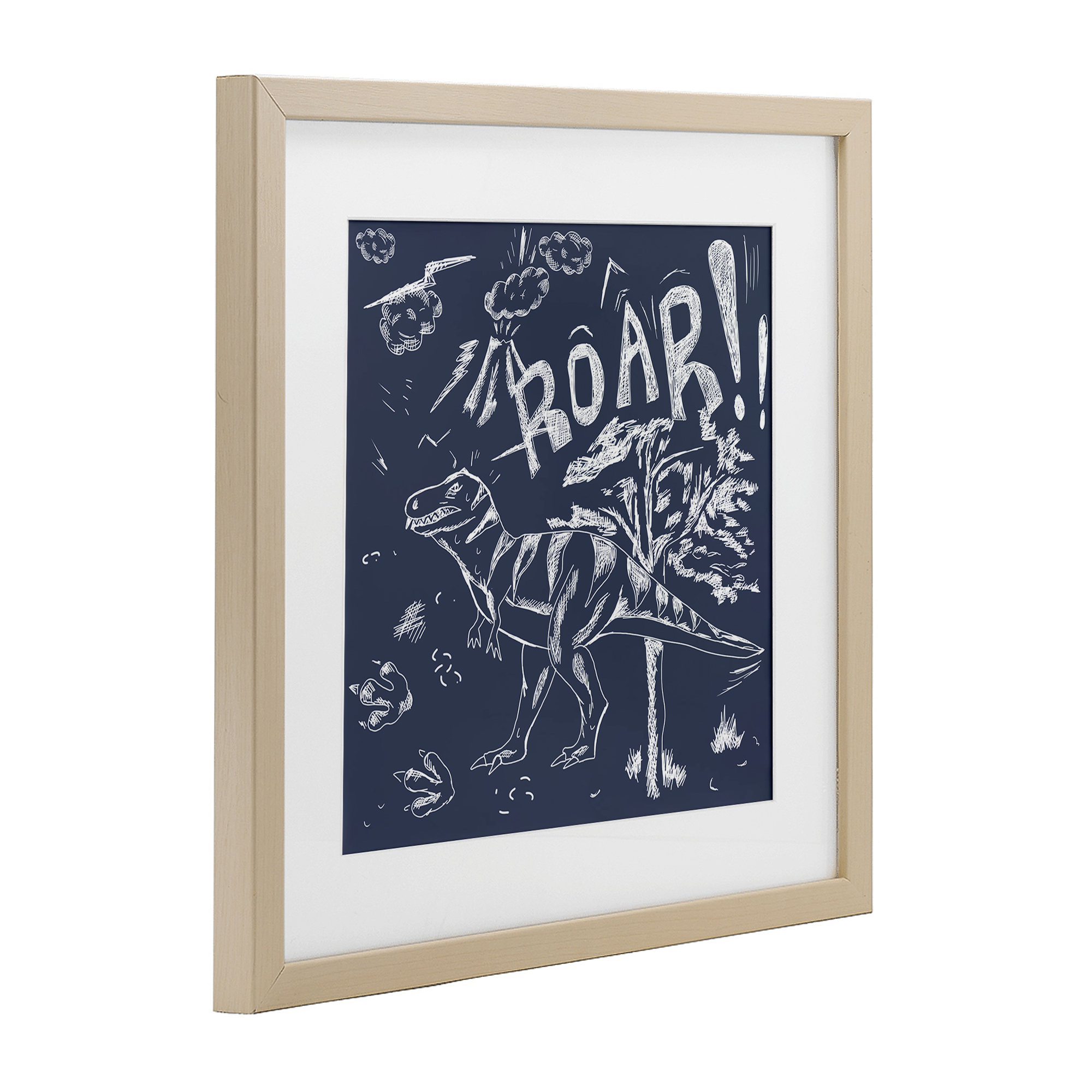 Sketchy Roar Dinosaur Birch Framed Print Under Glass, design by HUE and MI and Sangita