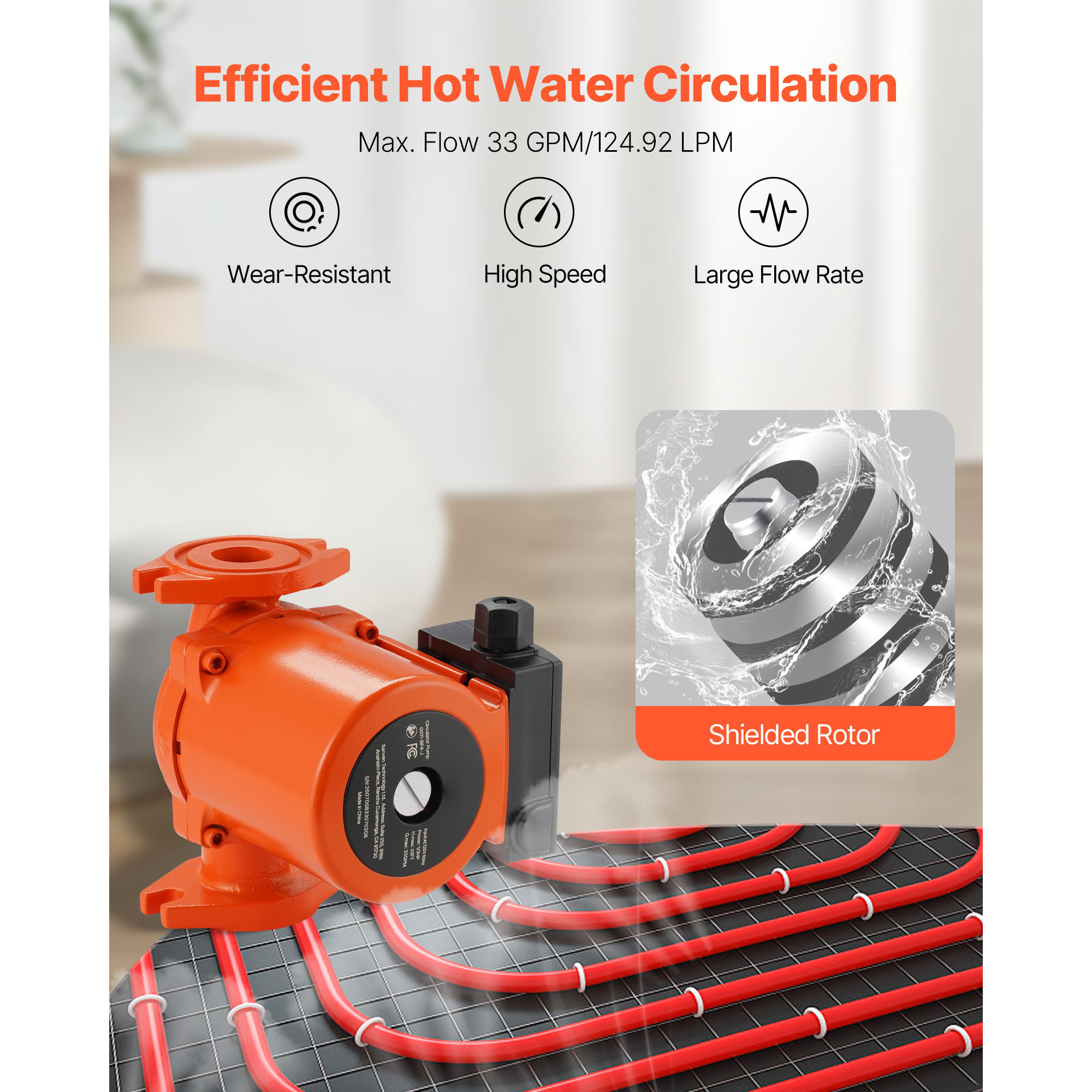 KFFKFF Cast Iron Circulator Pump, 33 GPM, AC 120V, 33 ft Hot Water Recirculation Pump, 1-1/4 in Flange Connection, 3-Speed Settings, Low-Noise Design, Suitable for Home Heating Systems