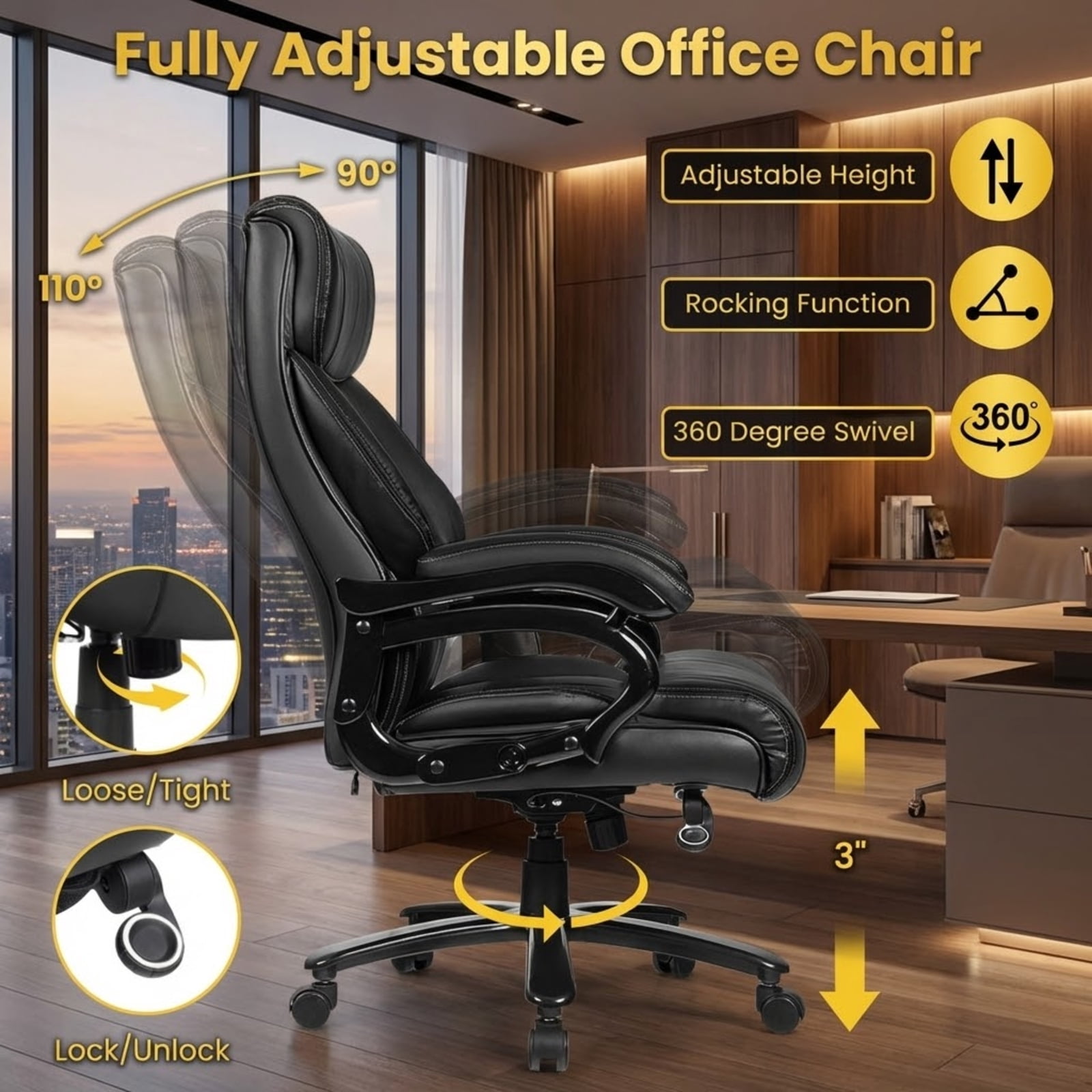 Furnibear Massage Office Chair High Back Big and Tall Executive Chair with Heat Lumbar Support Padded Armrests Ergonomic Computer Desk Chair, Black