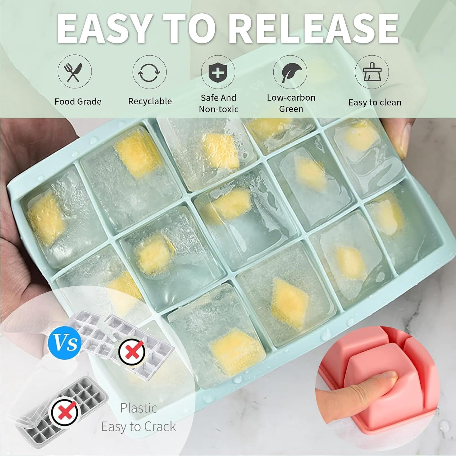 3Pcs Silicone Ice Cube Tray, Square Ice Cube Tray with Lid, Easy-Release Flexible 15 Ice Cubes, Reusable Ice Cube Molds for DIY Cold Drinks.