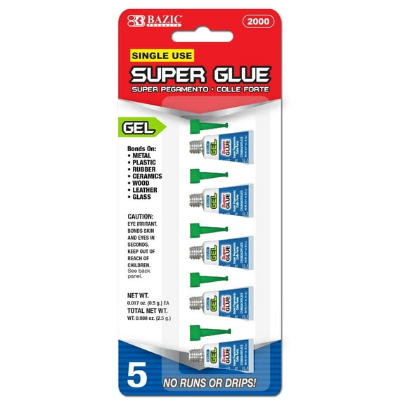 BAZIC Super Glue Gel 0.5g, Clear No Run Gel, Fast Dry Mini Small Tube Adhesive Bonding for Office & (5/Pack), 144-Packs