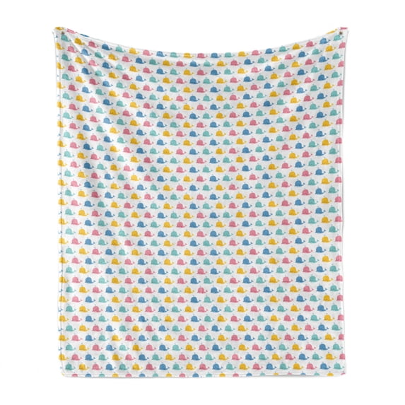 Blue Nautical Soft Flannel Fleece Blanket, Demonstration of Repeated Funny Whales Summer Time Kawaii Style Design, Cozy Plush for Indoor and Outdoor Use, 50" x 70", White Multicolor, by Ambesonne