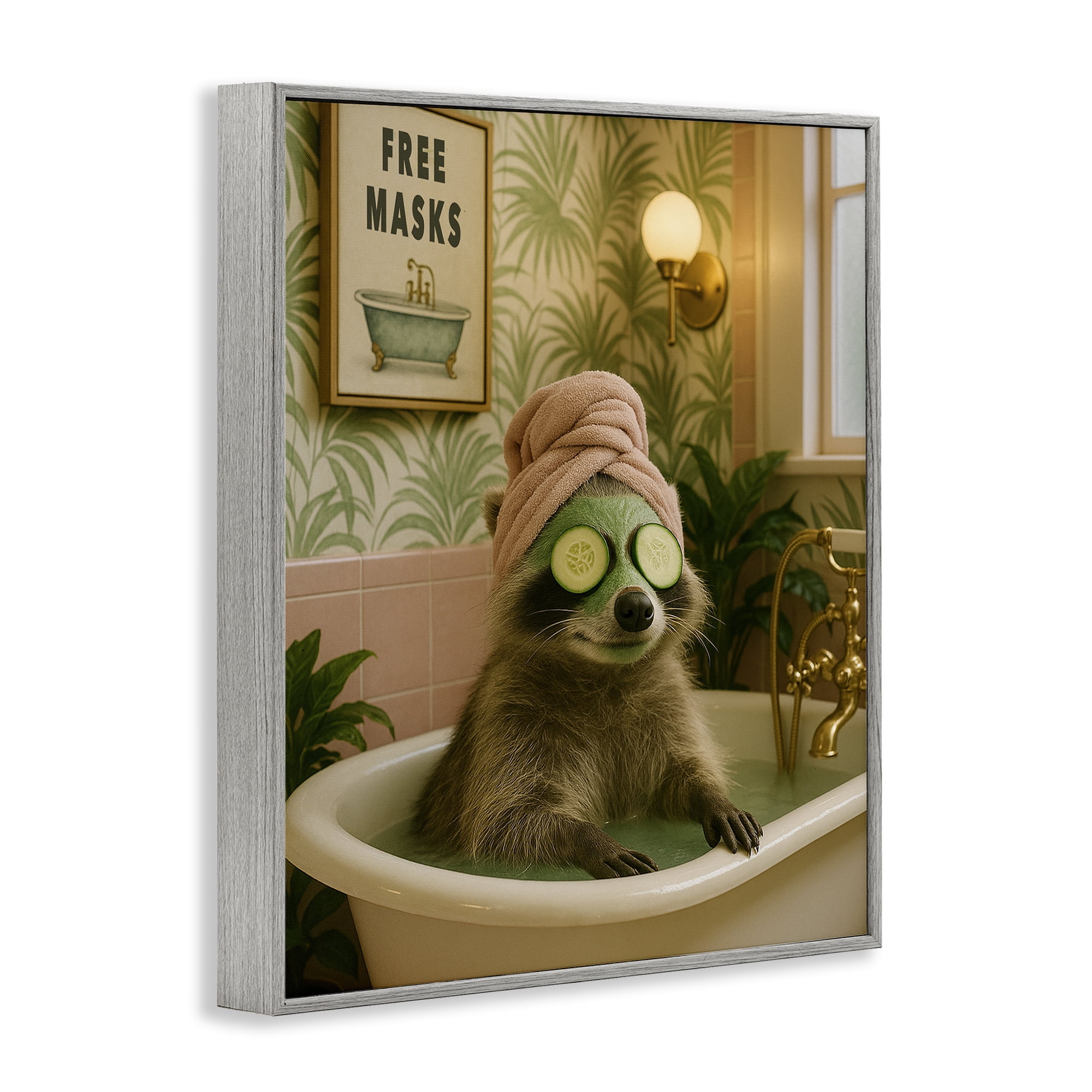Stupell Industries Raccoon Spa Day Bath Gray Framed Giclee Art, design by Grotto Studios