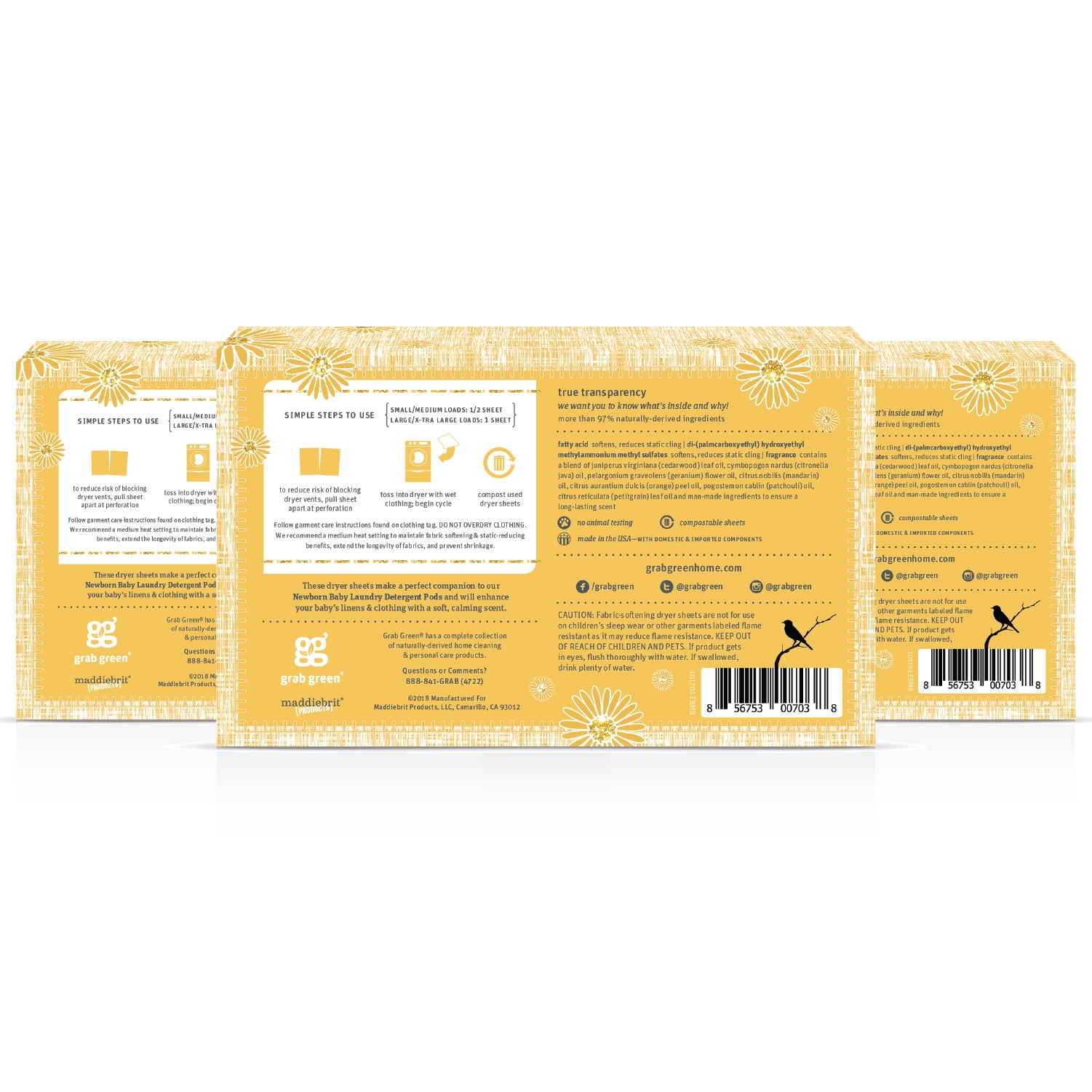 Grab Green Newborn Baby Dryer Sheets - Natural Scent Booster and Fabric Softener to Reduce Wrinkles and Static (Calming Chamomile