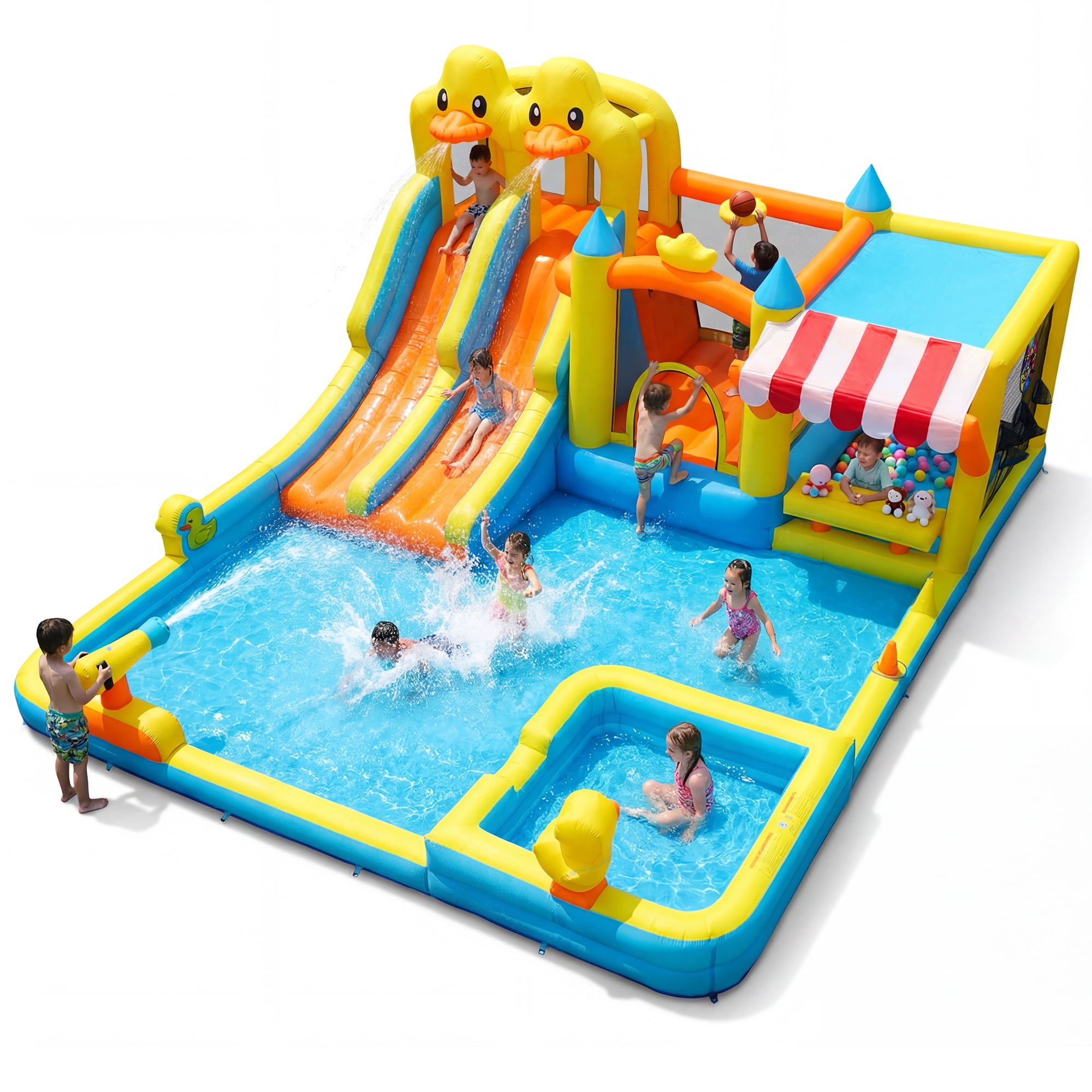 KloKick Cute Duck Inflatable Water Park with Dual Pools, Slide, Basketball Hoop & 2 Water Guns