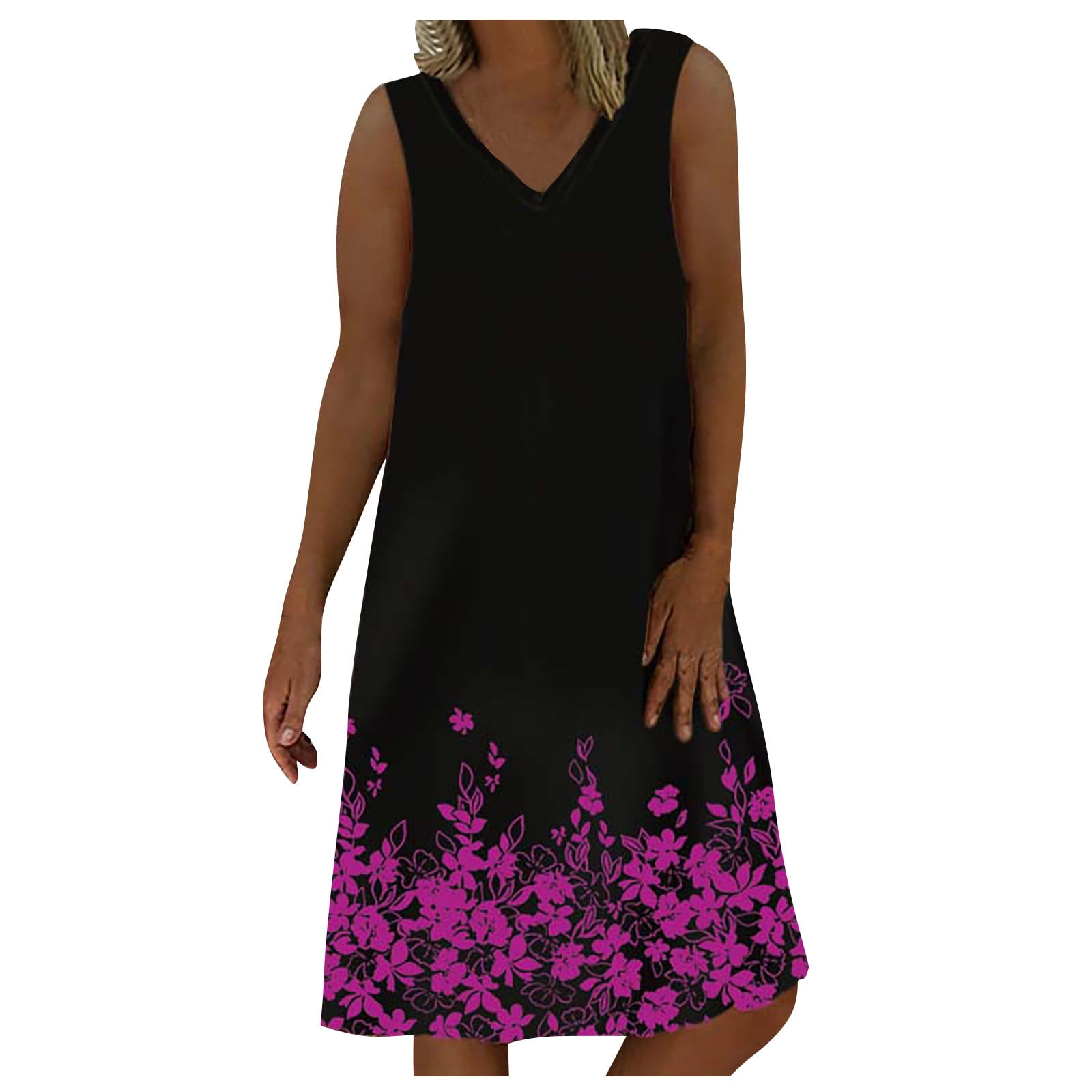 Womens Floral V Neck Midi Dress Sleeveless Casual Summer Tank Sundress Plus Size 