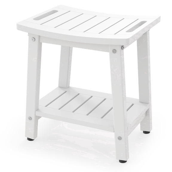 Bekvem Waterproof HDPE Shower Bench with Handle, Shelf and Adjustable Feet, White, Small