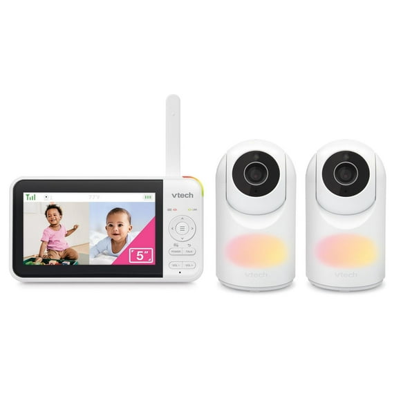 VTech VM5267-2 Moniteur vidéo numérique de 5 po à 2 caméras avec fonction panoramique et inclinaison et veilleuse, blanc
