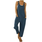 Women's Sleeveless Bib Overalls Suspender Loose Wide Leg Pant Jumpsuits Casual Summer Button Rompers with Pockets (XX-Large, Blue)