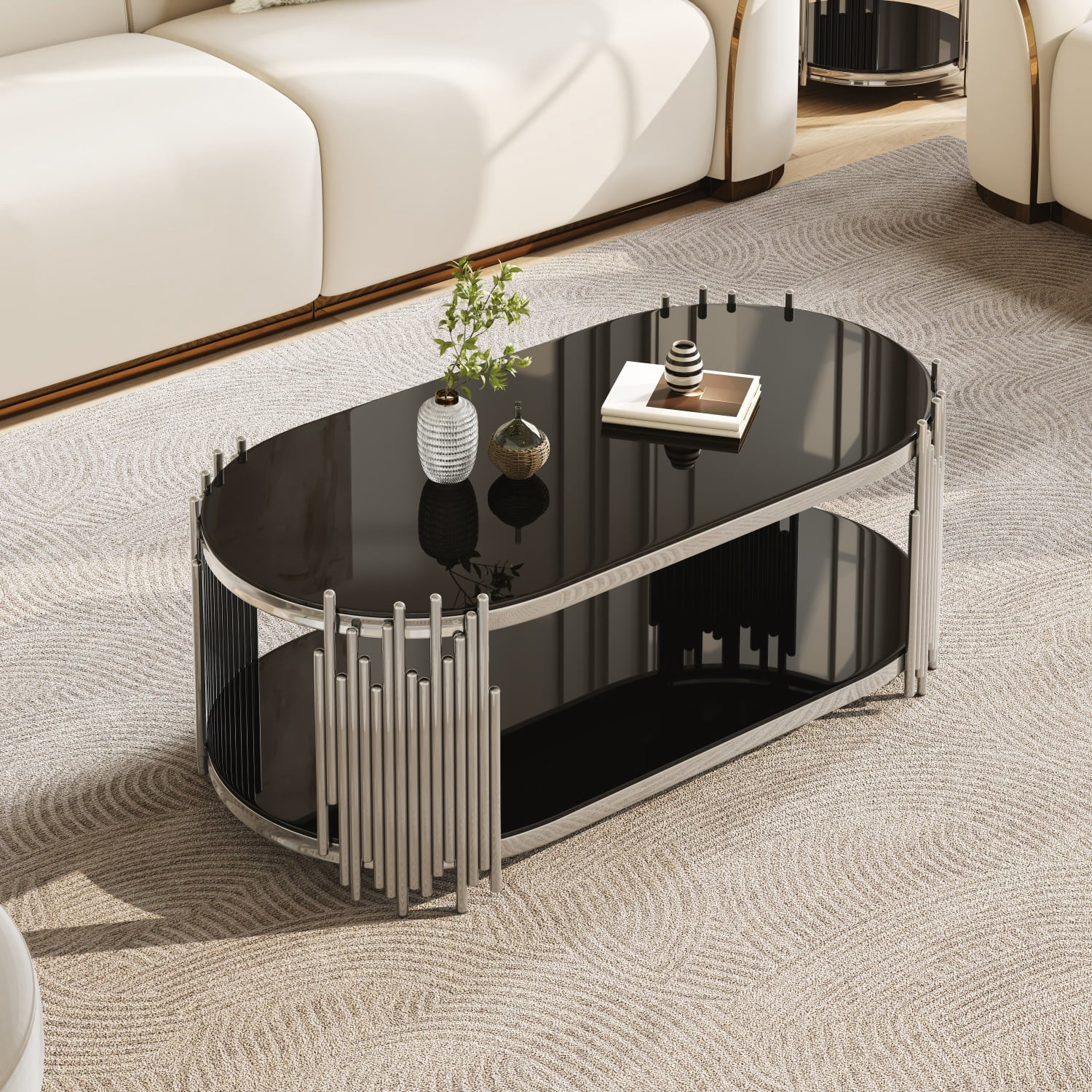 Hommoo Modern Oval Coffee Table with 2-Tier Tempered Glass Shelves & Organ Pipe Stainless Steel Base, Luxury Living Room Center Table, Black & Sliver