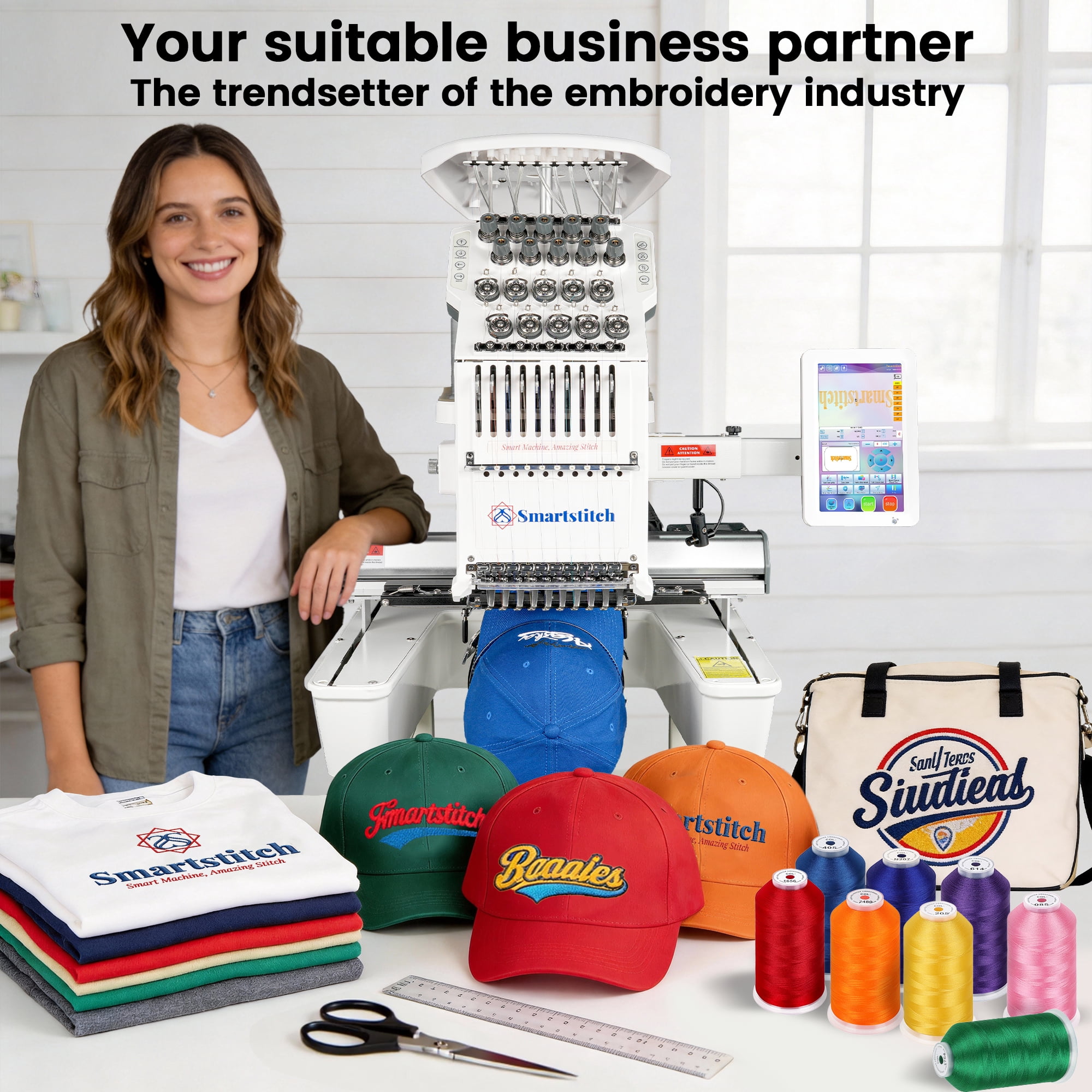 Smartstitch S-1001 Professional 10-Needle Embroidery Machine, 1200 SPM, 7" Touch Screen, 9.5"x14.2" Area - for Hats, T-Shirts, Denim & More