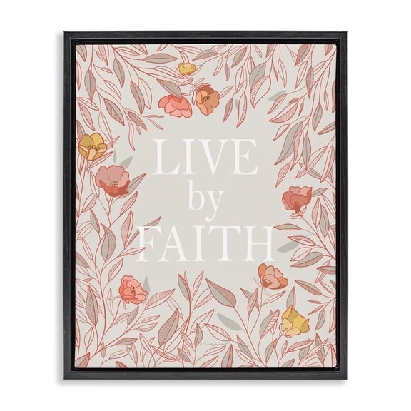 Live By Faith Rosy Florals Black Framed Floater Canvas Wall Art, design by Kelley Talent