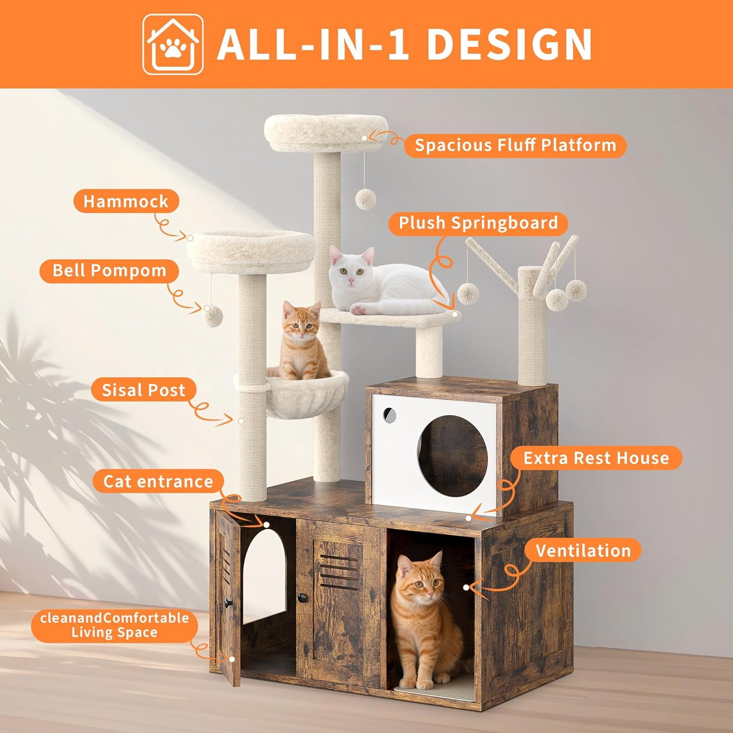Large Cat Tree with Litter Box Enclosure,3-in-1 Cat Tower, Hidden Pet Washroom Litter Box Furniture,Wooden Multi-Level Cat Condo Furniture with Sisal Scratching Posts,Soft Plush Perch, Hammock