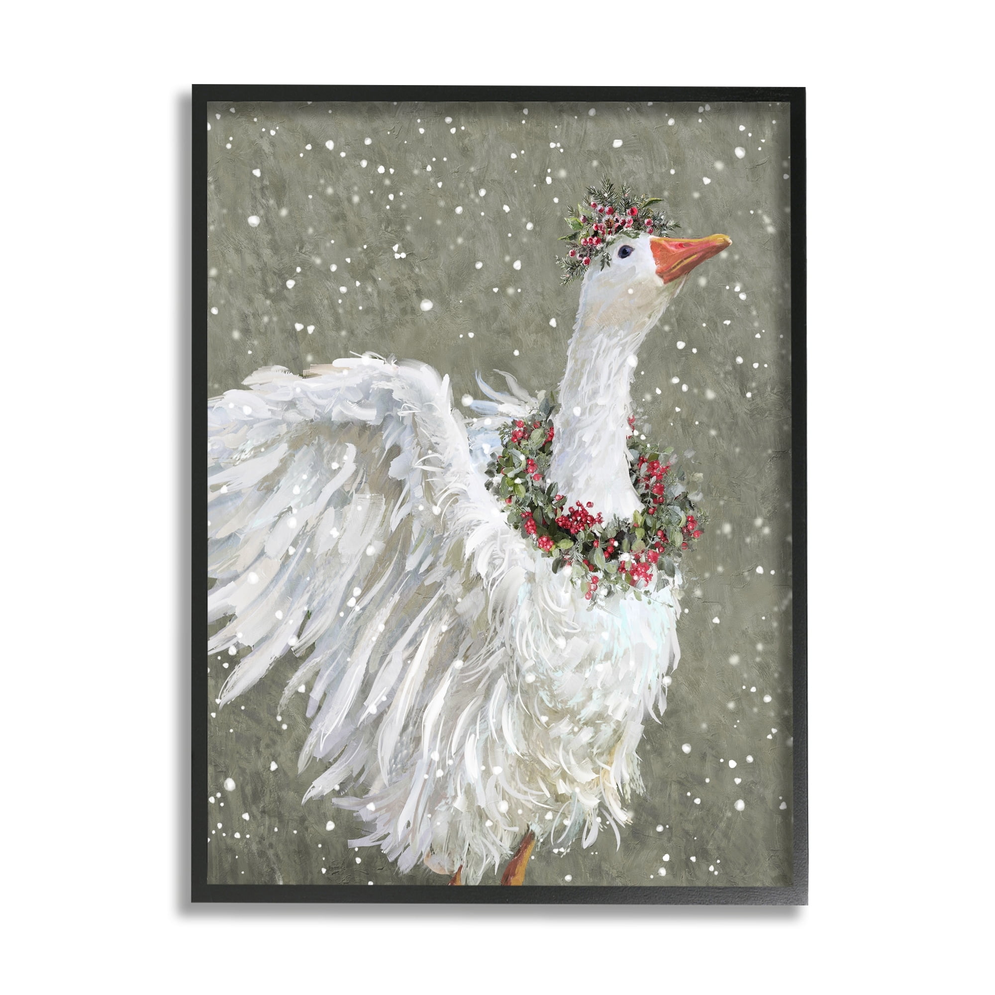 Stupell Industries Winter Goose Seasonal Botanicals Holiday Painting Gray Framed Art Print Wall Art